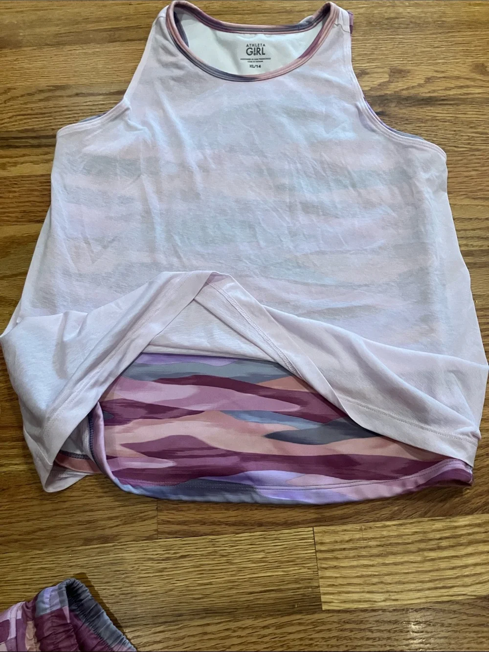 Athleta Girls Light Pink Tank with Pink & Purple Camo Shorts Sz 14 EUC
